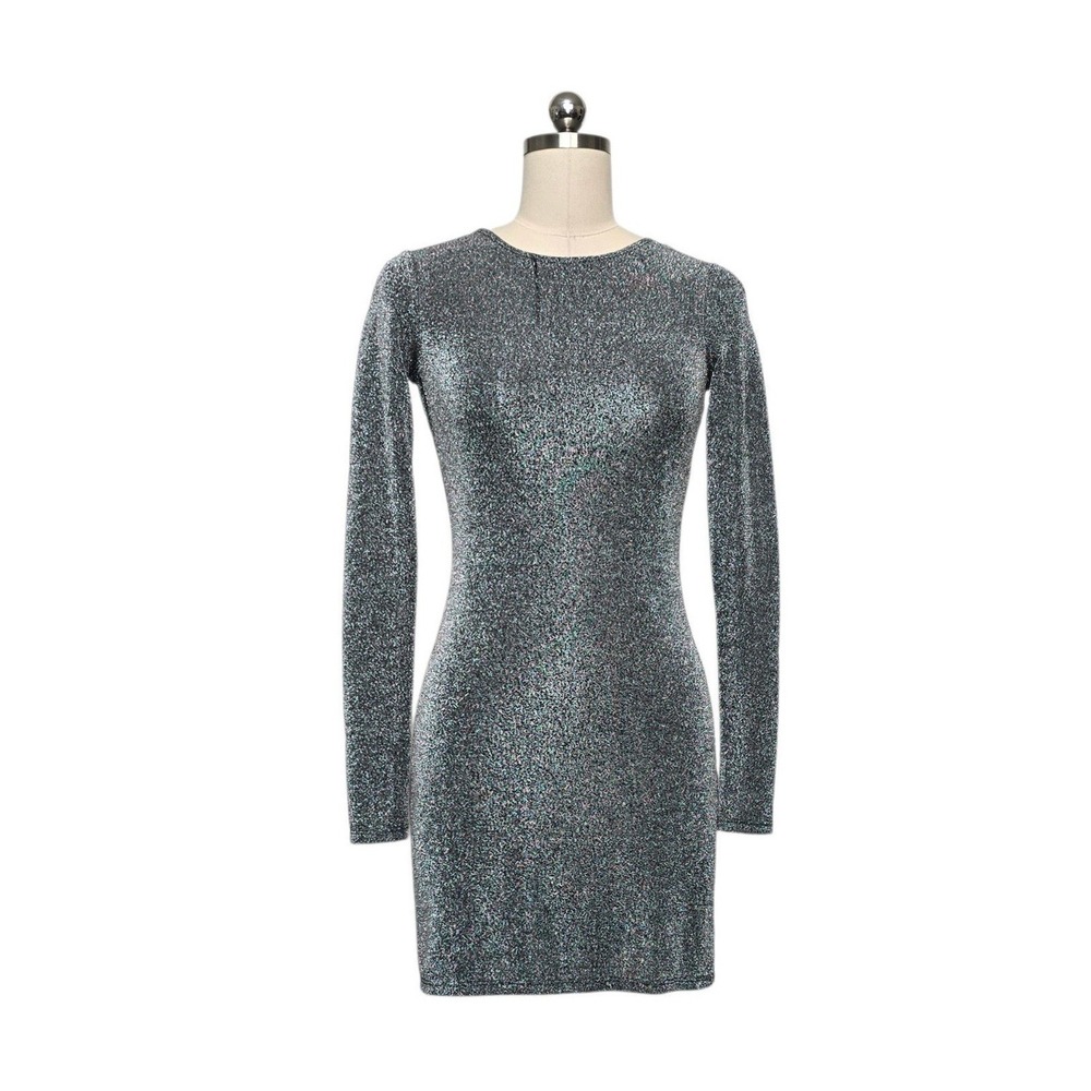 Reformation Silver Metallic Glitter Long Sleeve Mini Dress XS Tencel Linen NYE